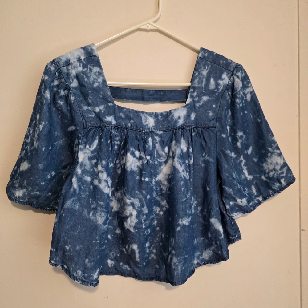 Given Kale Womens Tie Dye Top Size Medium Blue Square Neck Lyocell Crop Boho